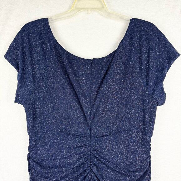 Jules & Cleo Ruched Glitter Knit Cap Sleeve Sheath Stretch Gown Navy Plus Sz 2X - Picture 12 of 16